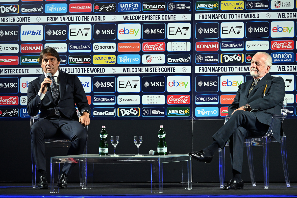 NAPLES, ITALY - JUNE 26: Antonio Conte new SSC Napoli head coach and Aurelio De Laurentiis SSC Napoli president during SSC Napoli new manager unveiling on June 26, 2024 in Naples, Italy. (Photo by Francesco Pecoraro/Getty Images)