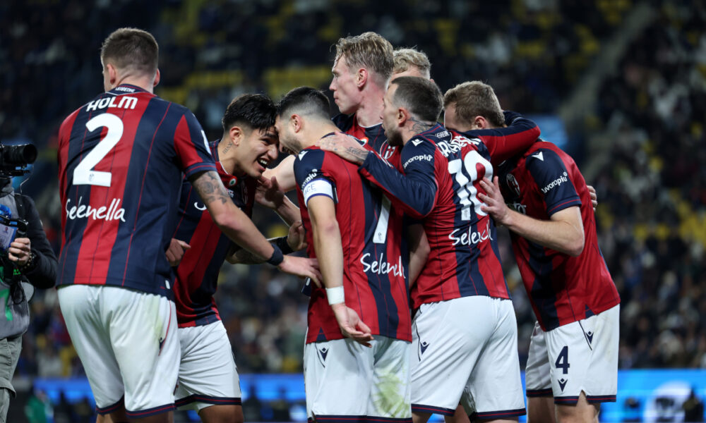 RIYADH, SAUDI ARABIA - DECEMBER 19: Riccardo Orsolini of Bologna FC celebrates with teammates after scoring his team
