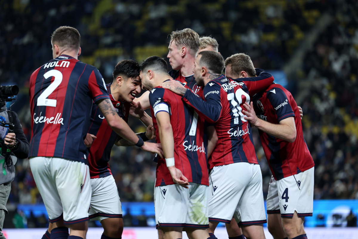 RIYADH, SAUDI ARABIA - DECEMBER 19: Riccardo Orsolini of Bologna FC celebrates with teammates after scoring his team
