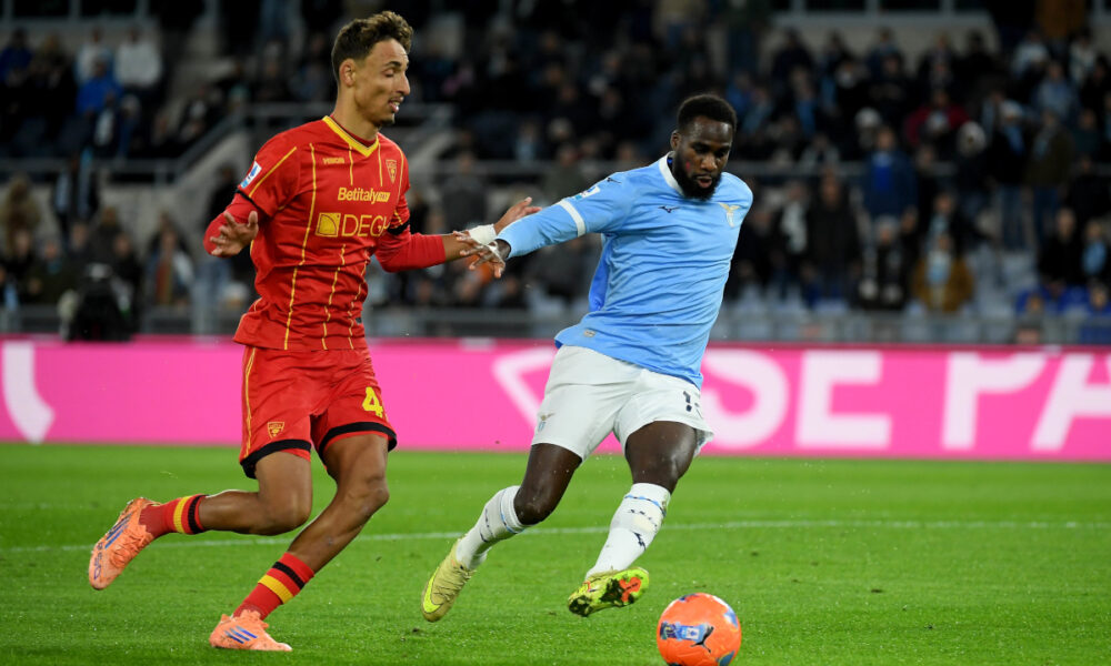 ROME, ITALY - NOVEMBER 23: Boulaye Dia of SS Lazio compete for the ball with Tiago Gabiel of US Lecce during the Serie A match between SS Lazio and US Lecce at Stadio Olimpico on November 23, 2025 in Rome, Italy. (Photo by Marco Rosi - SS Lazio/Getty Images)