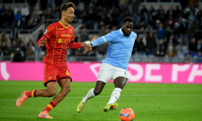 ROME, ITALY - NOVEMBER 23: Boulaye Dia of SS Lazio compete for the ball with Tiago Gabiel of US Lecce during the Serie A match between SS Lazio and US Lecce at Stadio Olimpico on November 23, 2025 in Rome, Italy. (Photo by Marco Rosi - SS Lazio/Getty Images)