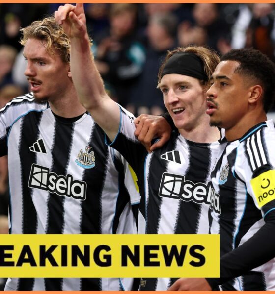 Nick Woltemade celebrates with his Newcastle United teammates