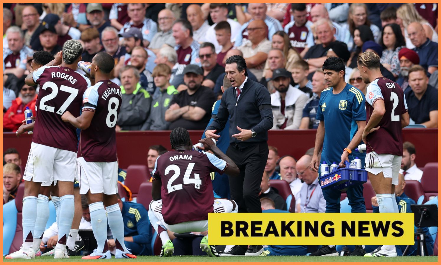 Aston Villa players with Unai Emery, plus yellow