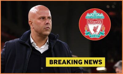 Arne Slot looks on, plus Liverpool logo and