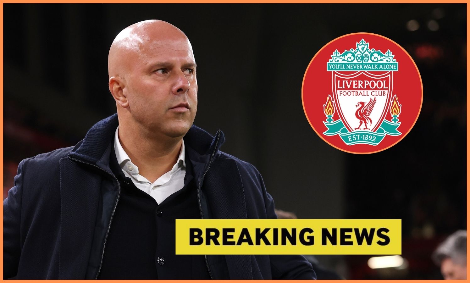 Arne Slot looks on, plus Liverpool logo and