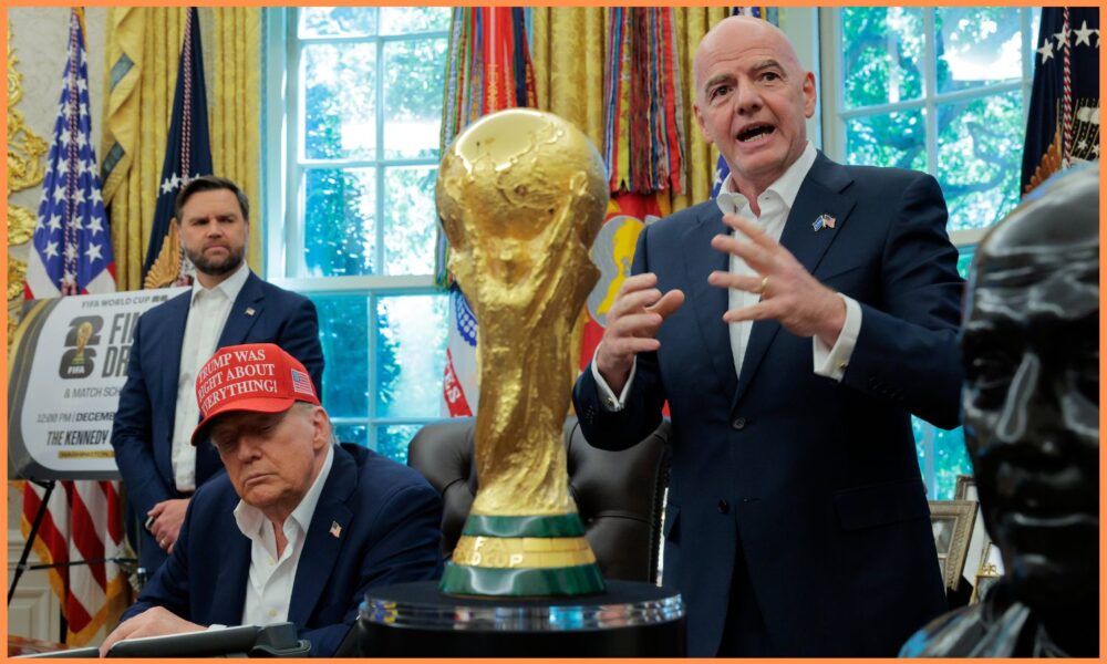 Donald Trump and Gianni Infantino with the World Cup trophy at the White House