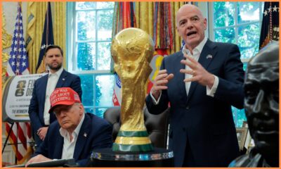 Donald Trump and Gianni Infantino with the World Cup trophy at the White House