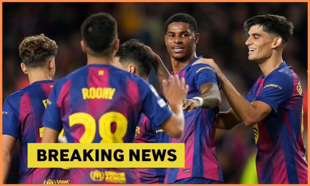 Marcus Rashford celebrates with his Barcelona teammates