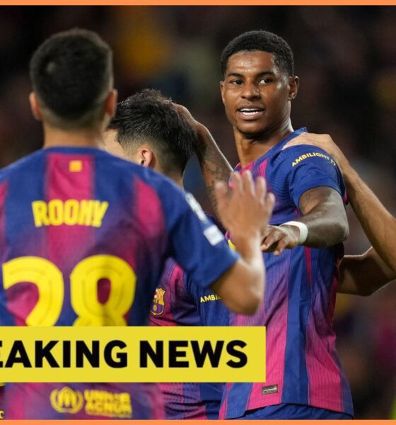 Marcus Rashford celebrates with his Barcelona teammates