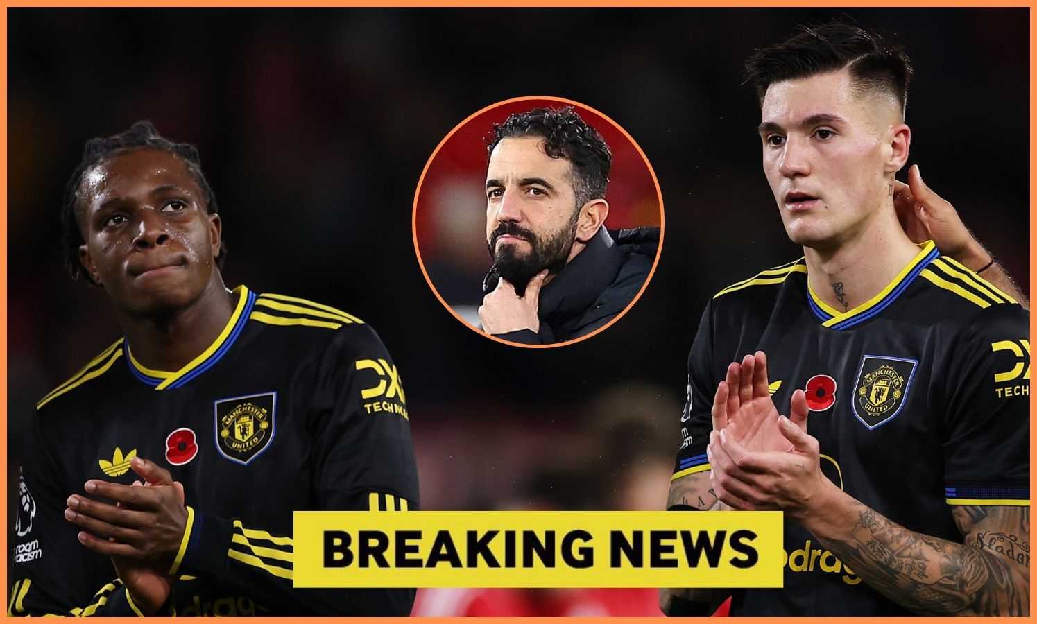 Patrick Dorgu, Ruben Amorim, and Benjamin Sesko of Manchester United