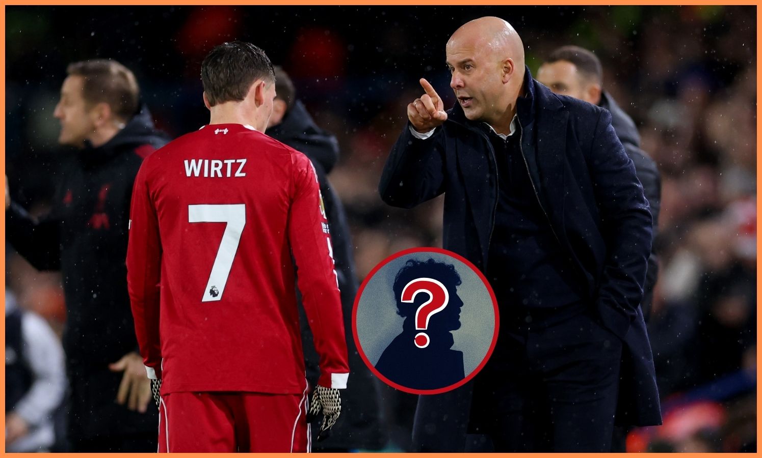 Florian Wirtz and Arne Slot talk on the touchline during Leeds vs Liverpool