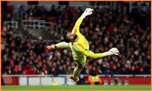 Arsenal goalkeeper David Raya makes a save from Brighton
