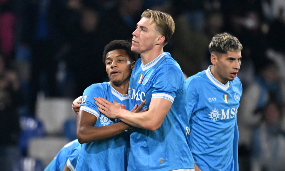 NAPLES, ITALY - DECEMBER 07: Rasmus Hojlund of SSC Napoli celebrates scoring his team