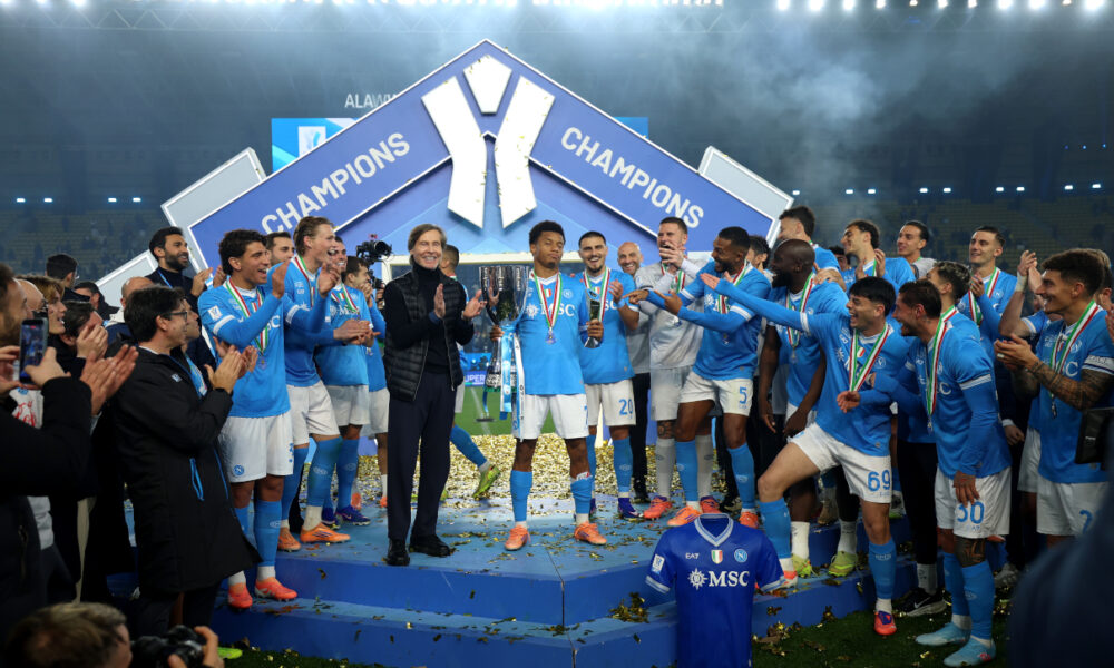 RIYADH, SAUDI ARABIA - DECEMBER 22: David Neres of SSC Napoli poses for a photo with the Supercoppa Italiana trophy and Player of the Match award after the team