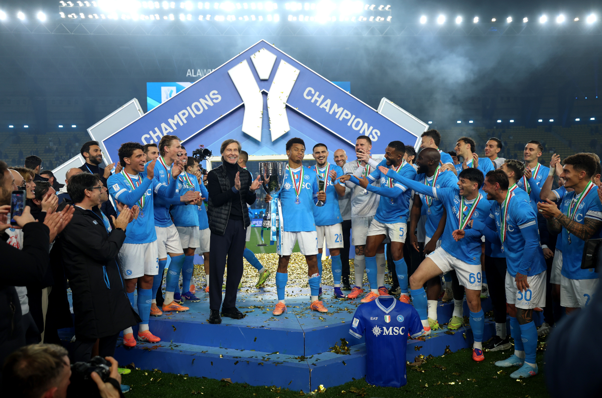 RIYADH, SAUDI ARABIA - DECEMBER 22: David Neres of SSC Napoli poses for a photo with the Supercoppa Italiana trophy and Player of the Match award after the team