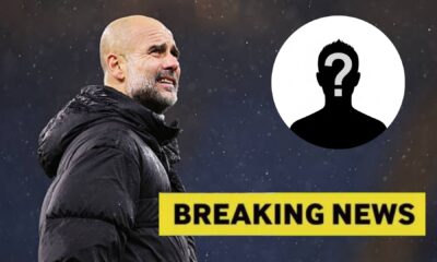 Pep Guardiola with overlay of breaking news and mystery player
