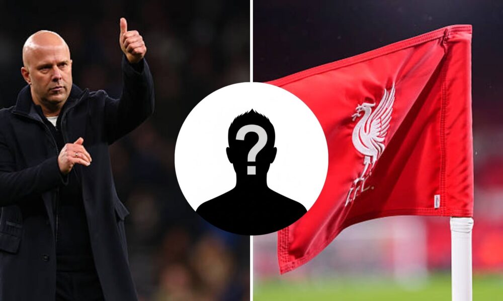 Split image of Arne Slot and Liverpool flag