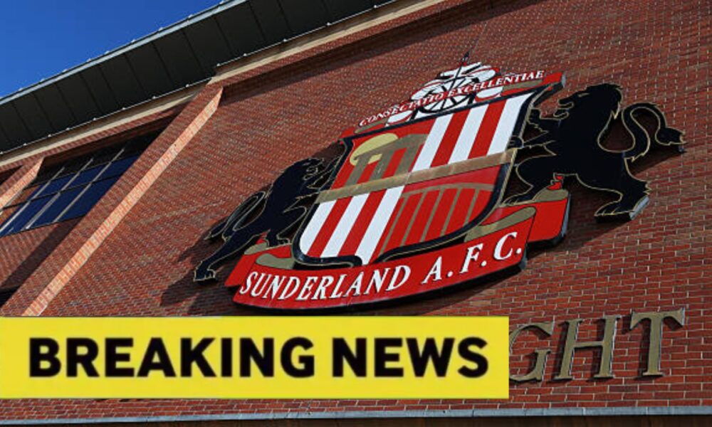 Sunderland badge outside stadium with breaking news overlay