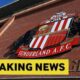 Sunderland badge outside stadium with breaking news overlay