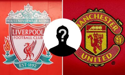 Split images of Liverpool and Man United badge with overlay of mystery player