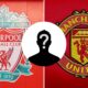 Split images of Liverpool and Man United badge with overlay of mystery player