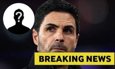 Mikel Arteta with overlay of mystery player and breaking news in yellow