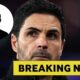 Mikel Arteta with overlay of mystery player and breaking news in yellow