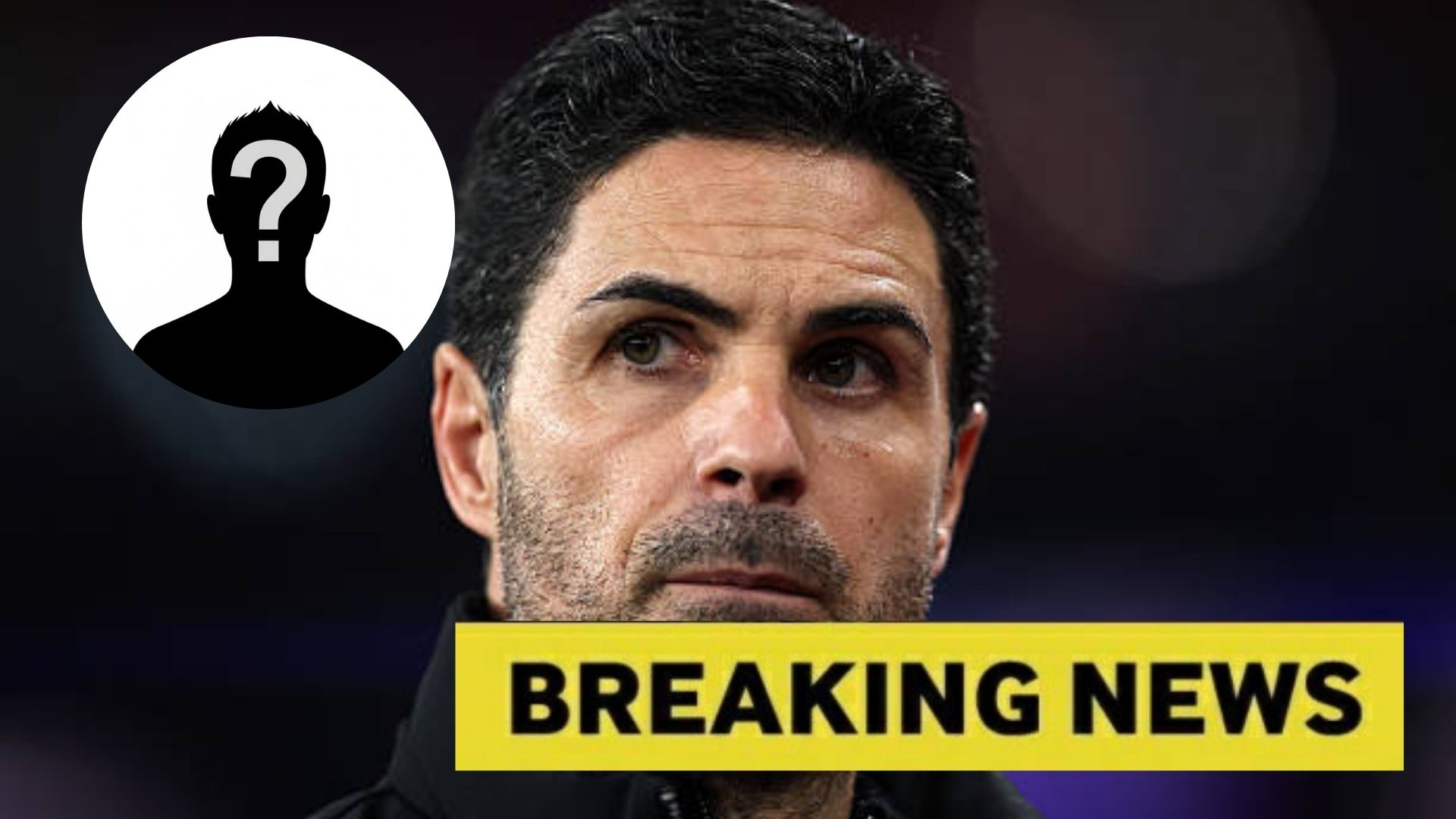 Mikel Arteta with overlay of mystery player and breaking news in yellow