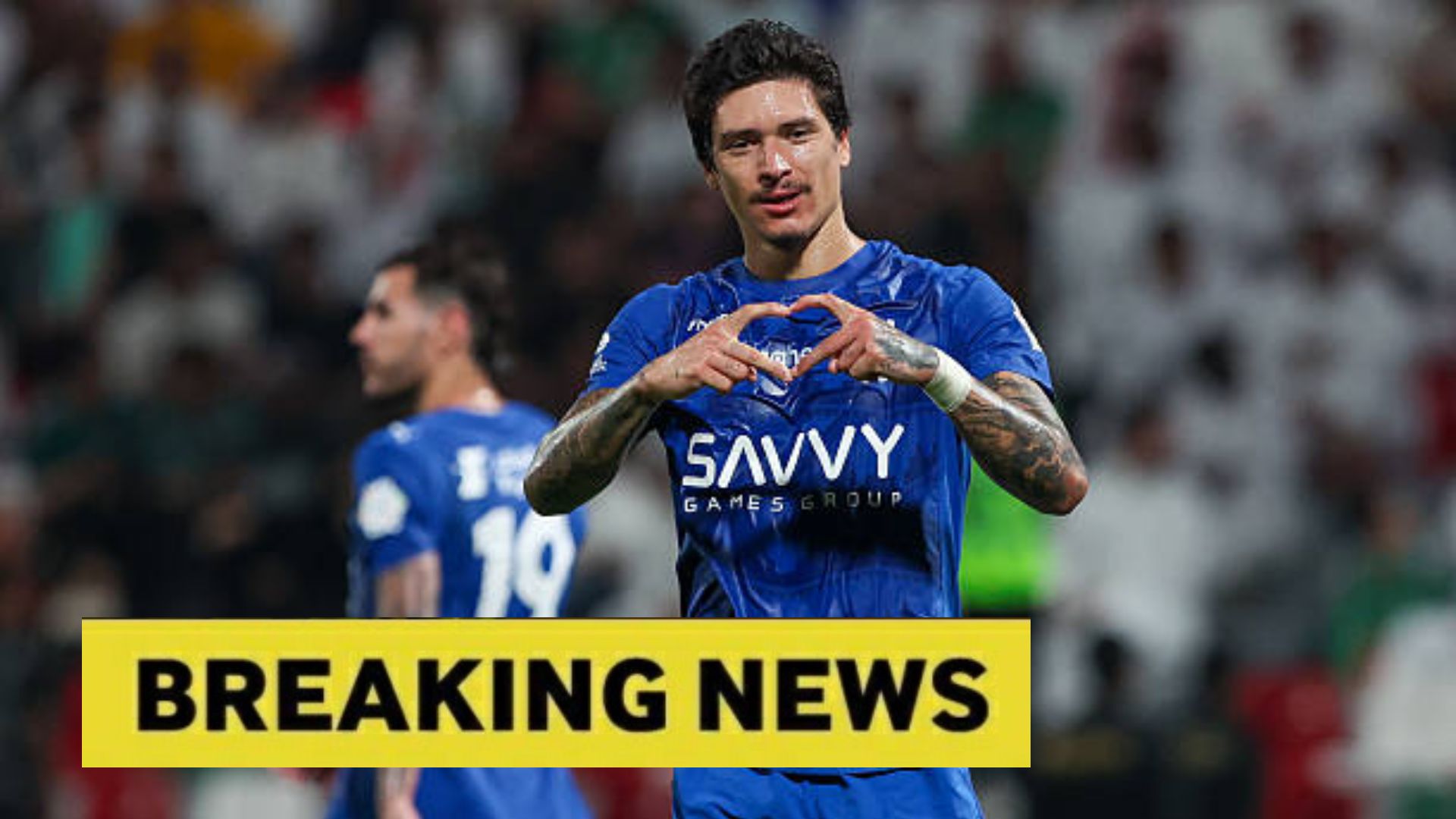 Darwin Nunez celebrating with overlay of Breaking News