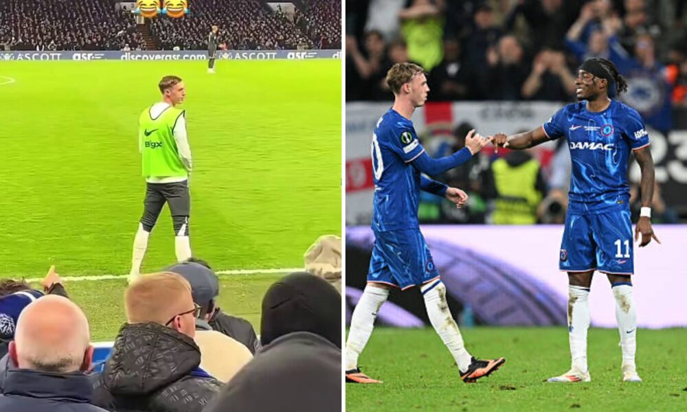 Split image of fan footage showing Cole Palmer