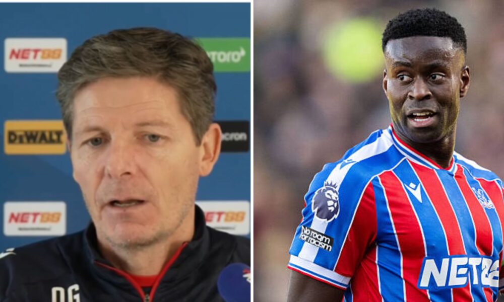 Split image of Oliver Glasner at his press conference and Marc Guehi in action for Crystal Palace