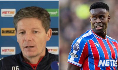 Split image of Oliver Glasner at his press conference and Marc Guehi in action for Crystal Palace