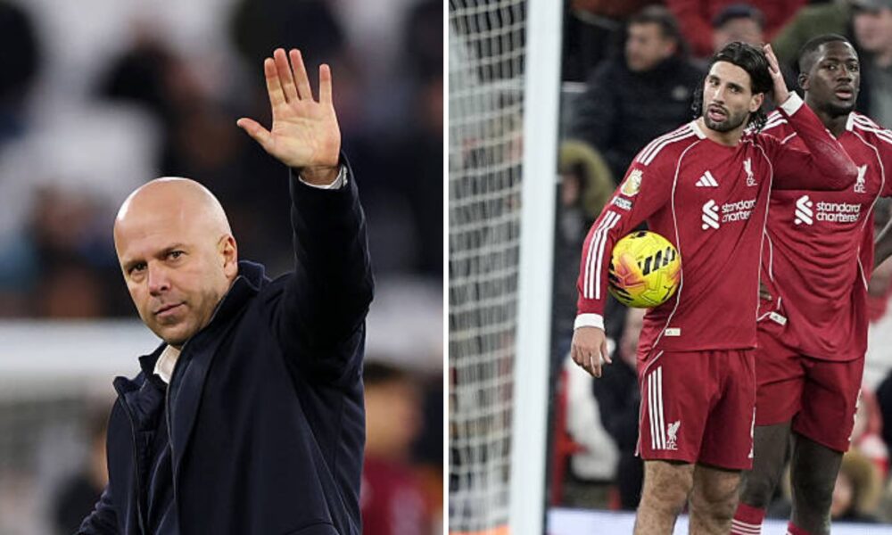 Split image of Arne Slot and Liverpool players looking distraught during Sunderland game