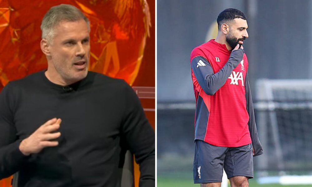 Split image of Jamie Carragher on Sky SPorts and Mohamed Salah in Liverpool training