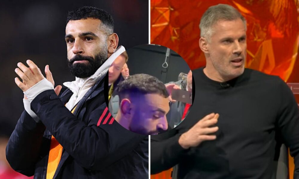 Split image of Mohamed Salah and Jamie Carragher with overlay of Salah giving his explosive interview