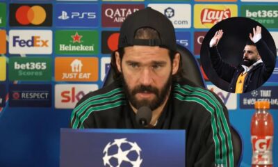 Alisson Becker giving press-conference with overlay of Salah against Leeds