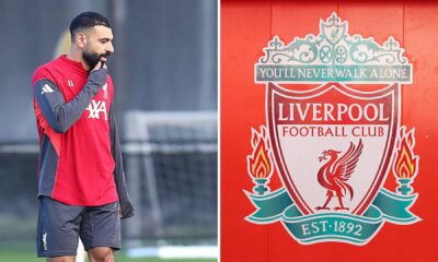 Split image of Mohamed Salah and Liverpool badge