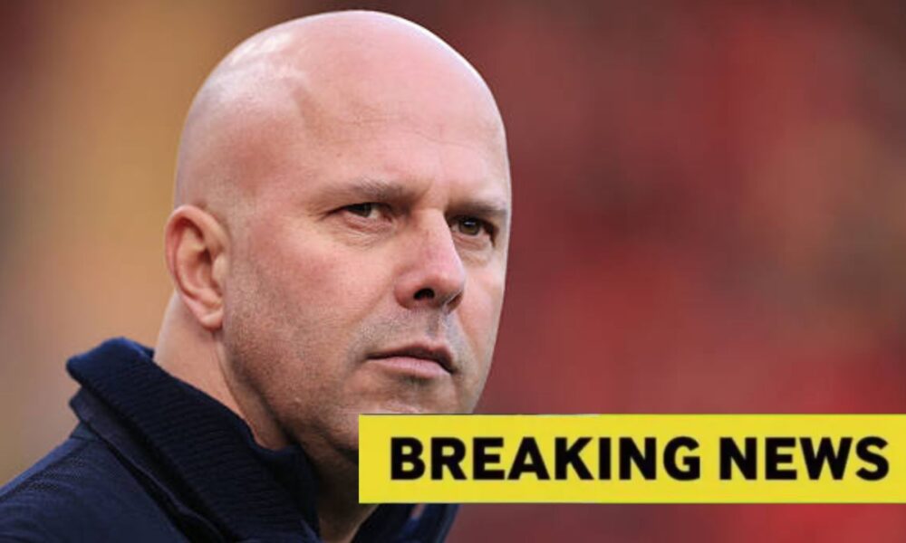 Image of Arne Slot with overlay of breaking news