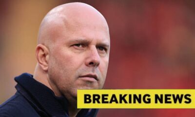 Image of Arne Slot with overlay of breaking news