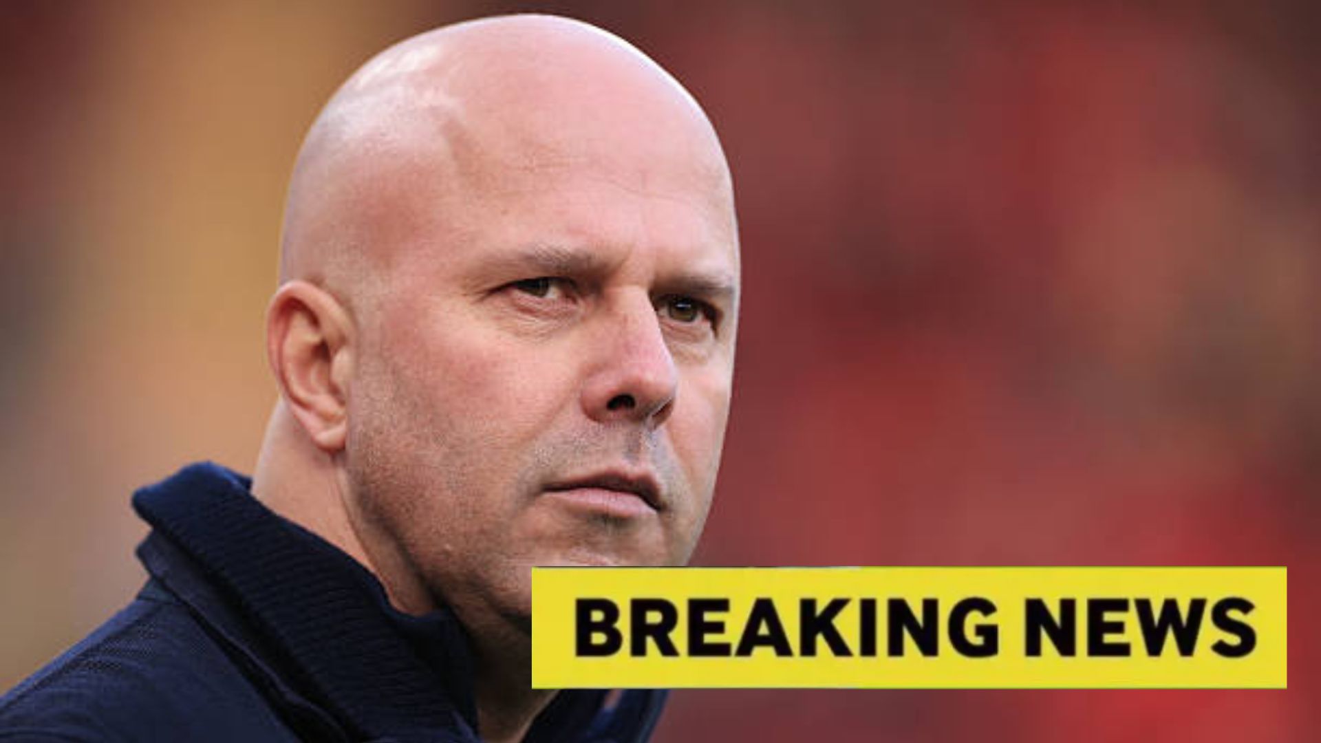 Image of Arne Slot with overlay of breaking news