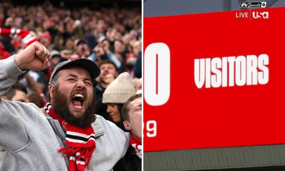 Split image of Sunderland fans celebrating win vs Newcastle and scoreboard inside Stadium of Lights