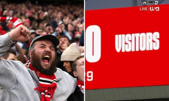 Split image of Sunderland fans celebrating win vs Newcastle and scoreboard inside Stadium of Lights