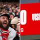 Split image of Sunderland fans celebrating win vs Newcastle and scoreboard inside Stadium of Lights