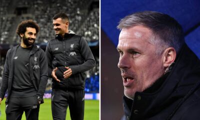 Split image of Dejan Lovren and Mohamed Salah and Jamie Carragher
