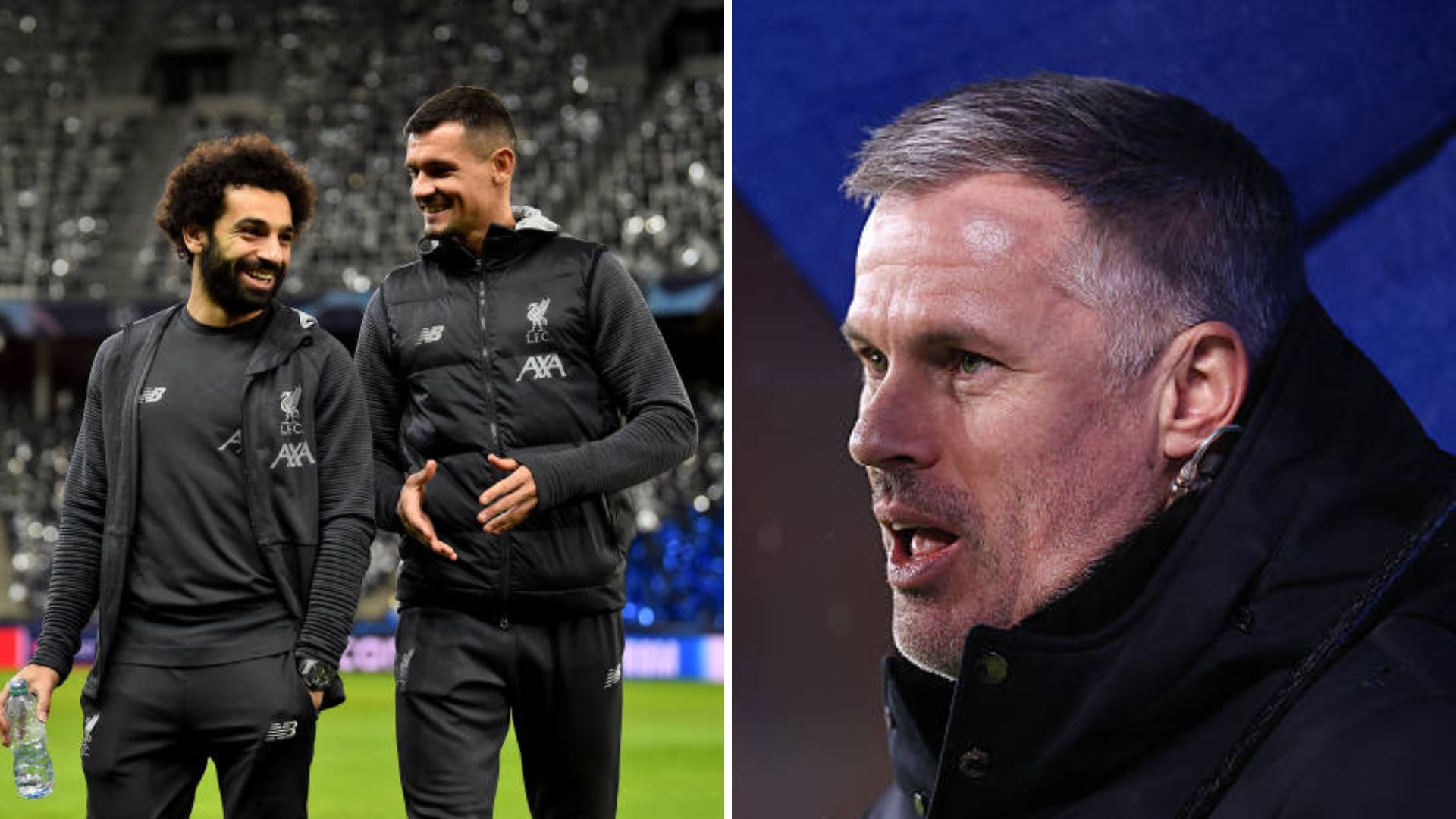 Split image of Dejan Lovren and Mohamed Salah and Jamie Carragher