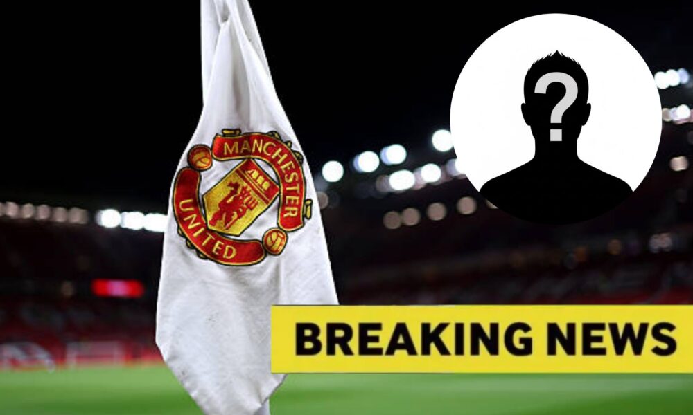 Manchester United corner flag with overlay of mystery player and breaking news