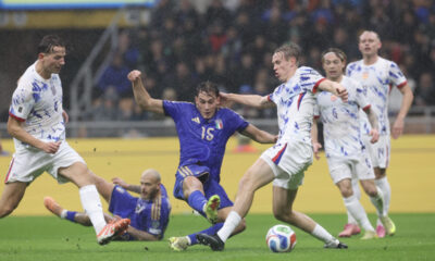 Francesco Pio Esposito scores for Italy against Norway in the 2026 World Cup qualifier (@azzurri)