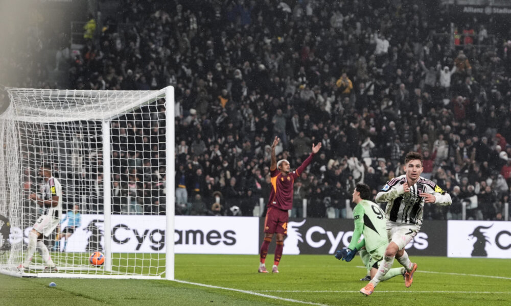 Francisco Conceicao celebrates opening the scoring for Juventus against Roma (@seriea_en)