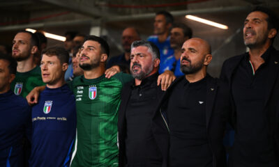 BERGAMO, ITALY - SEPTEMBER 05: Gennaro Gattuso, Head Coach of Italy during the National anthems prior to the FIFA World Cup 2026 qualifier match between Italy and Estonia at Stadio di Bergamo on September 05, 2025 in Bergamo, Italy. (Photo by Mattia Ozbot/Getty Images)