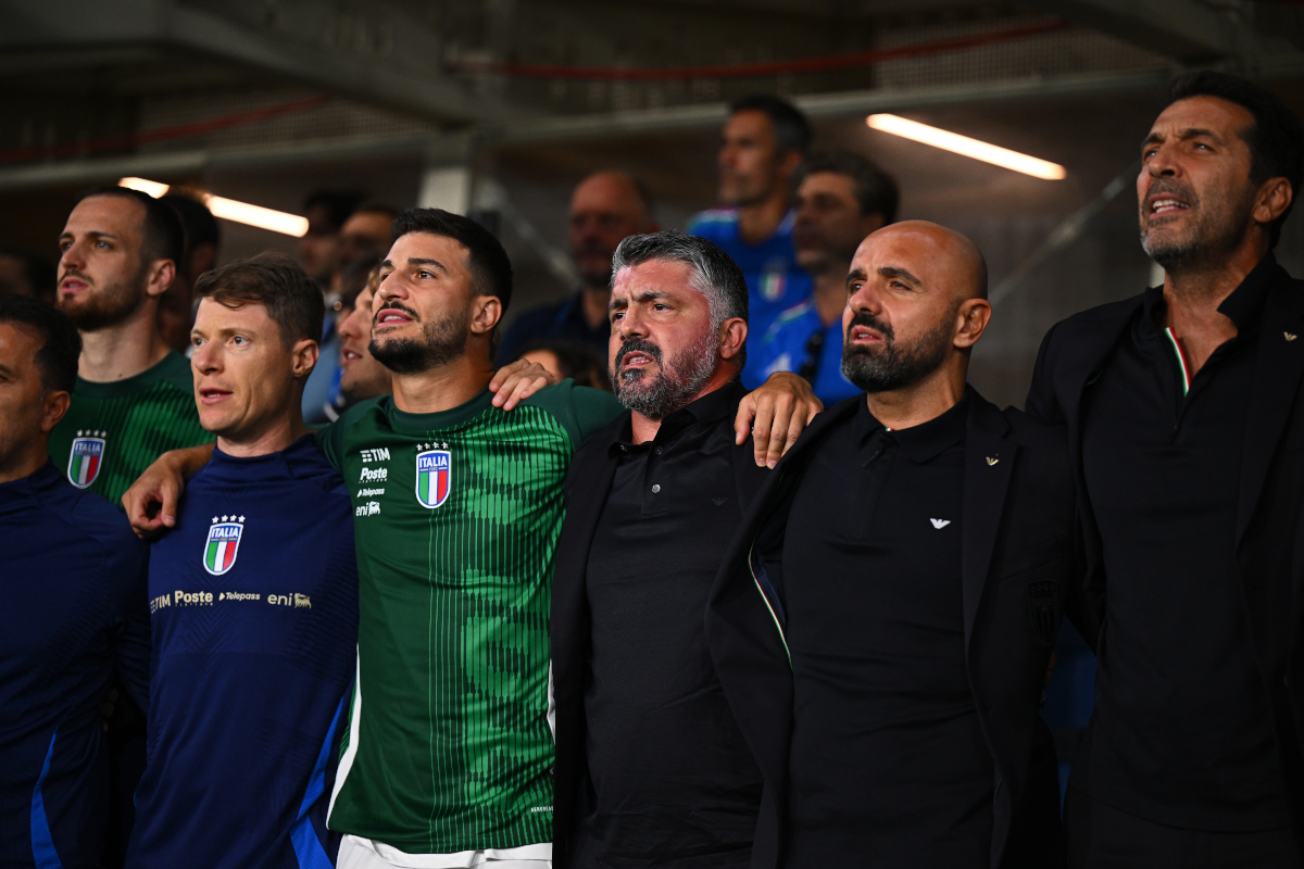 BERGAMO, ITALY - SEPTEMBER 05: Gennaro Gattuso, Head Coach of Italy during the National anthems prior to the FIFA World Cup 2026 qualifier match between Italy and Estonia at Stadio di Bergamo on September 05, 2025 in Bergamo, Italy. (Photo by Mattia Ozbot/Getty Images)